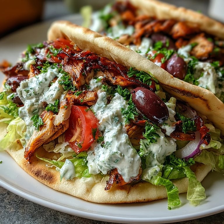 Freshly assembled Mediterranean Chicken Gyros garnished with dill, lemon wedges, and colorful olives on a plate.
