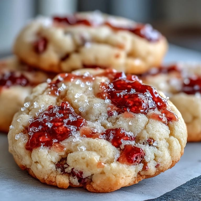 Saftige Soft Chewy Raspberry Sugar Cookies mit knusprigen Zuckerrändern und fruchtigen Beerensplittern auf Backblech.