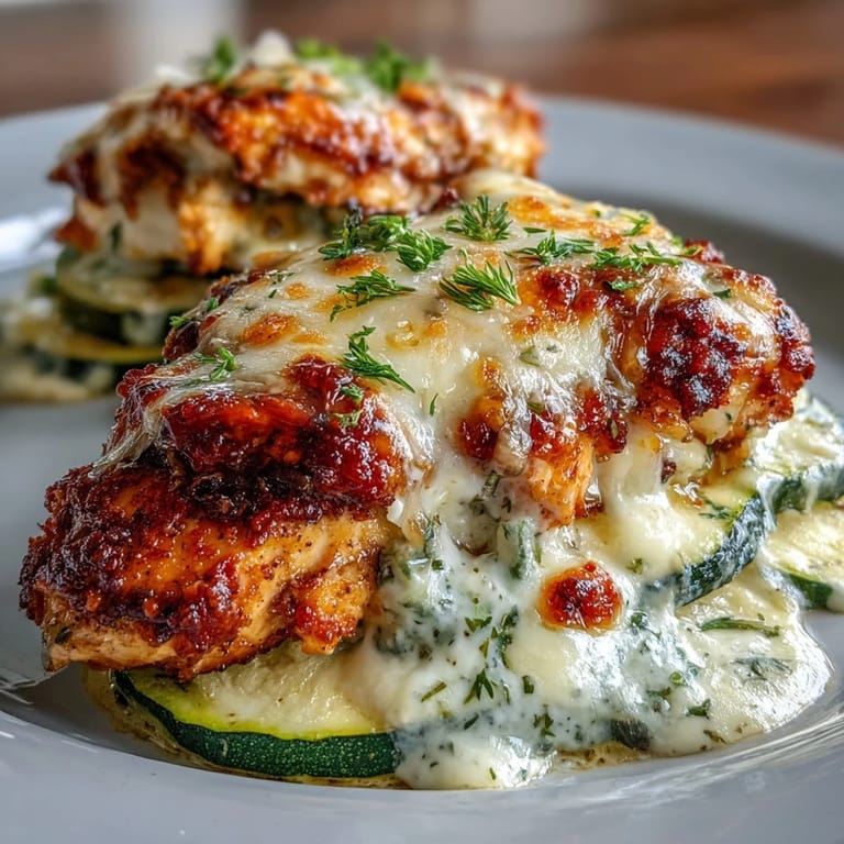 Sliced High Protein Chicken Zucchini Bake revealing juicy chicken and crisp zucchini layers.