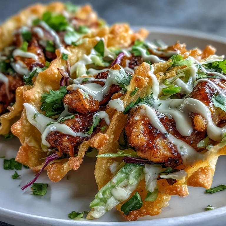 Knusprige Wontons gefüllt mit marinierten Hähnchenbruststreifen und scharfer Sriracha Mayo Sauce