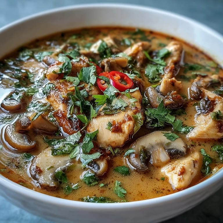 Würzige Thai Coconut Curry Suppe mit knackigen Paprikastreifen und saftigem Hähnchenfleisch im Nudeltopf.