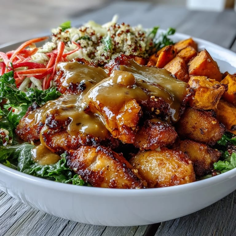Hot Honey Chicken Bowl topped with fluffy quinoa and a tangy honey mustard dressing.