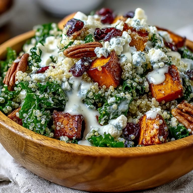 Harvest Kale Quinoa Bowl mit blatterdunkler Kale, würziger Zitronen-Tahini-Sauce und süßen Cranberries.
