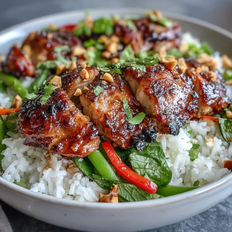 Thai Chicken Coconut Bowl mit cremigem Kokosreis, knackigem Gemüse und würzigem Hähnchen.