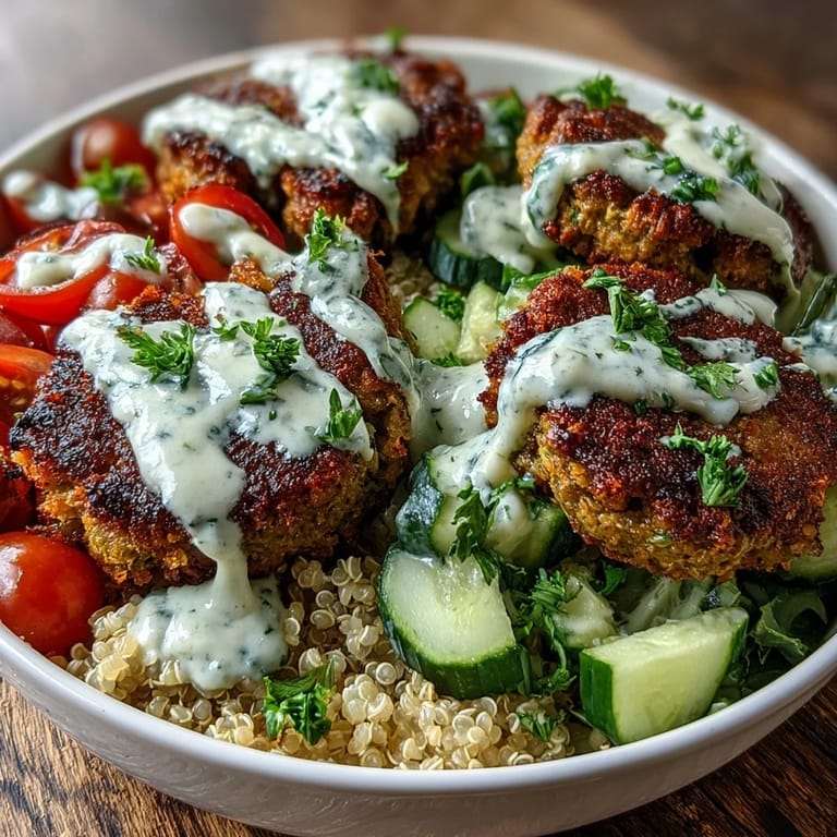 Colorful quinoa bowl with crunchy vegetables and tender falafel, served warm and drizzled with rich garlic tahini sauce.