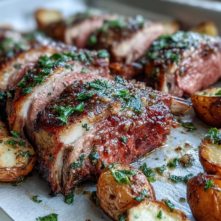 Geröstete One-Pan-Rack of Lamb mit knusprigen Kartoffeln und grünen Oliven auf dem Teller.
