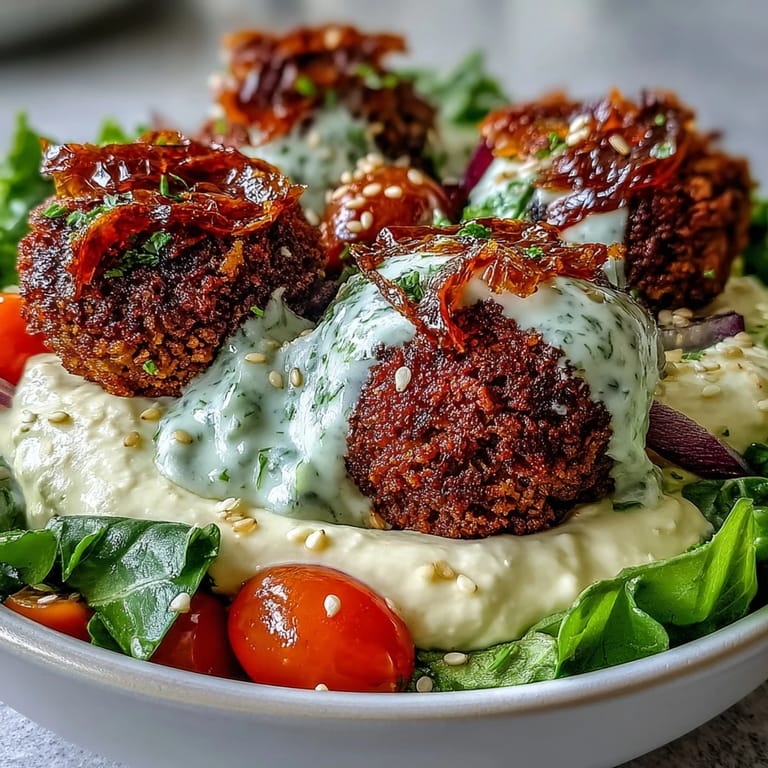 Colorful Mediterranean vegetables and creamy hummus topped with a drizzle of rich tahini sauce.