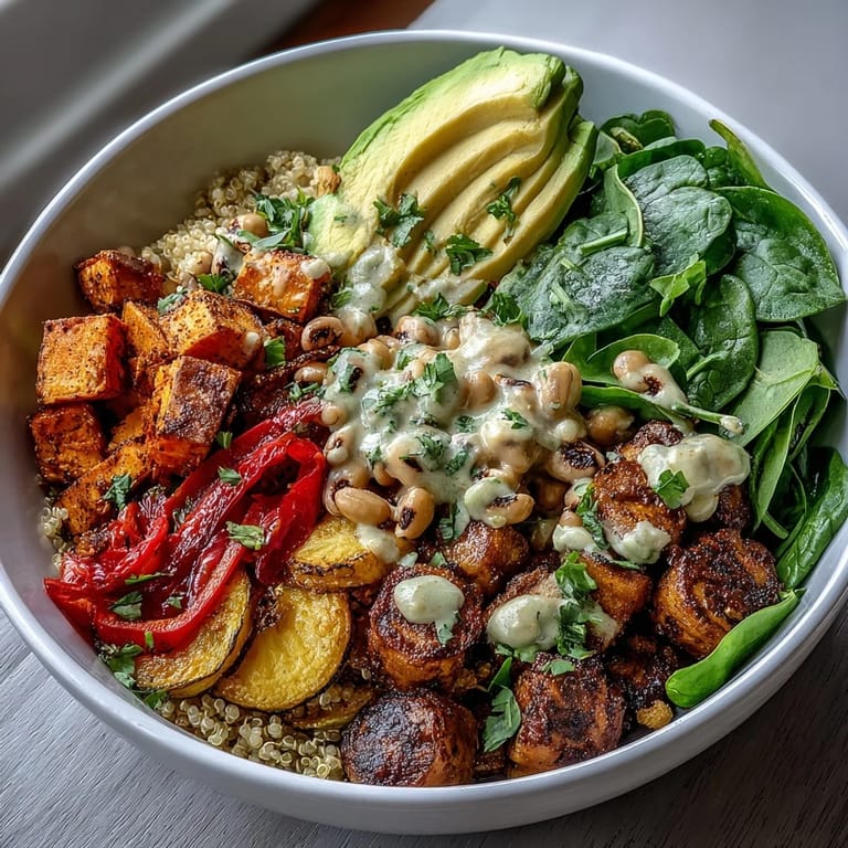 Nahaufnahme der Black-Eyed Pea Buddha Bowl, getoppt mit kräftigem röstaroma und frischen kräutern.
