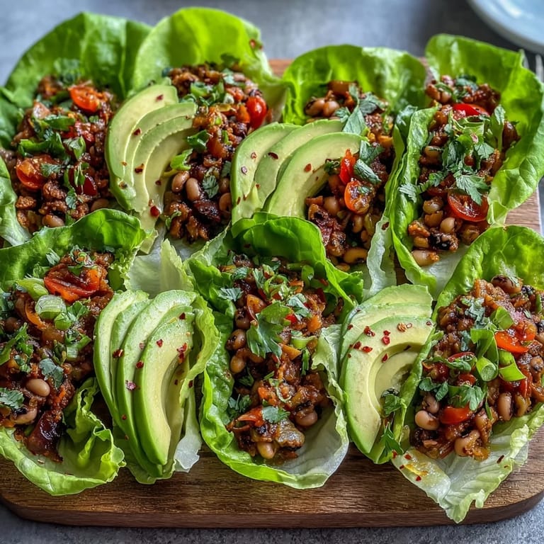 Genieße die Black-Eyed Pea Lettuce Wraps: eine proteinreiche Füllung aus schwarzaugigen Erbsen, Zwiebeln und Paprika in frischen Salatblättern.