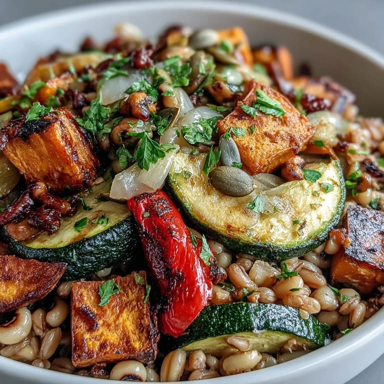 Nahrhafter Black-Eyed Pea Grain Bowl serviert mit Zucchini, Zwiebeln und gerösteten Kürbiskernen plus frischen Zitronenscheiben