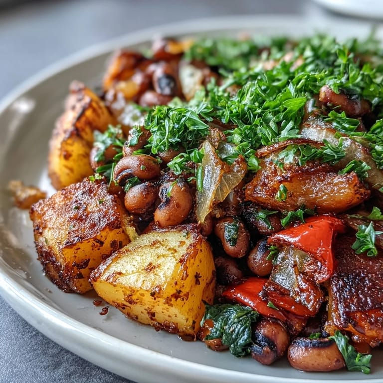 Golden gebratener Black-Eyed Pea Hash mit gerösteten schwarzen Augen Erbsen und Zwiebeln, garniert mit frischen Kräutern zum Genießen.