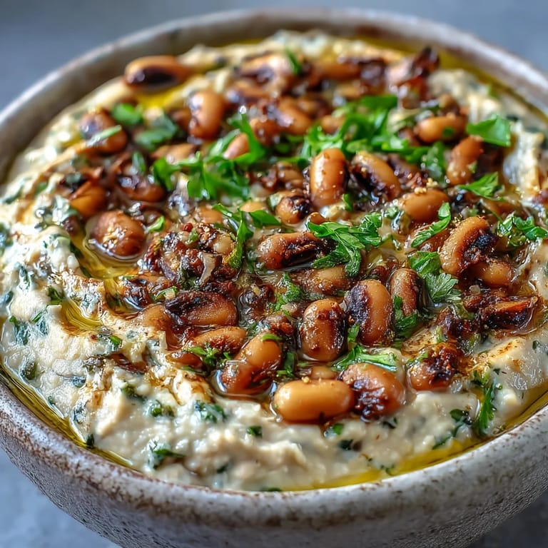 A textured bowl of Smashed Black-Eyed Peas, drizzled with olive oil, ready to enjoy with grilled meats or veggies.