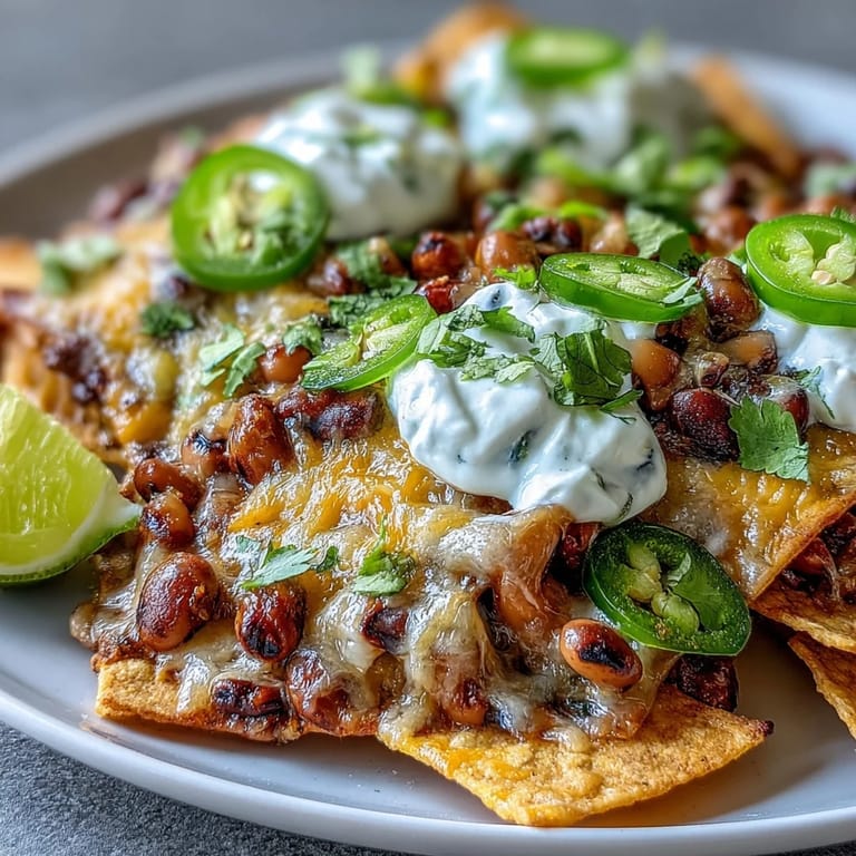 Game day Black-Eyed Pea Nachos served hot with lime wedges on a platter