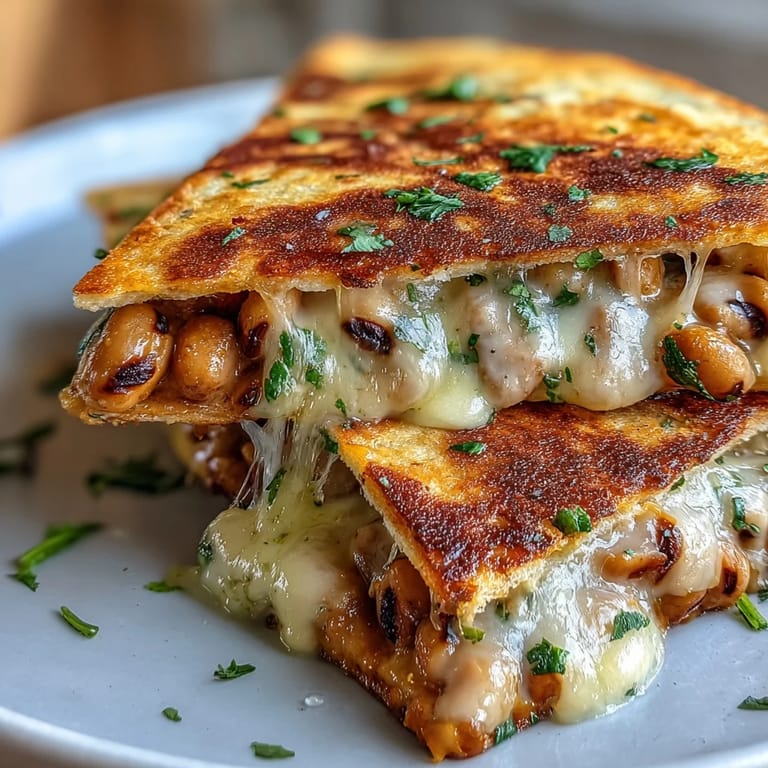 Frisch gebratene Black-Eyed Pea Quesadilla neben einer Schüssel guacamole und saurer Sahne