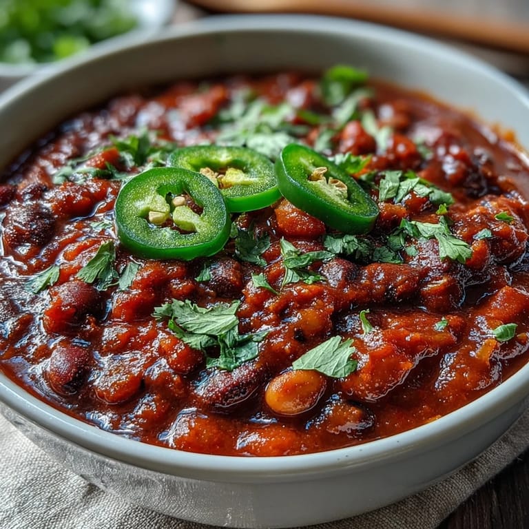Bowls of Black-Eyed Pea Chili served with cornbread and jalapeños on a wooden table.