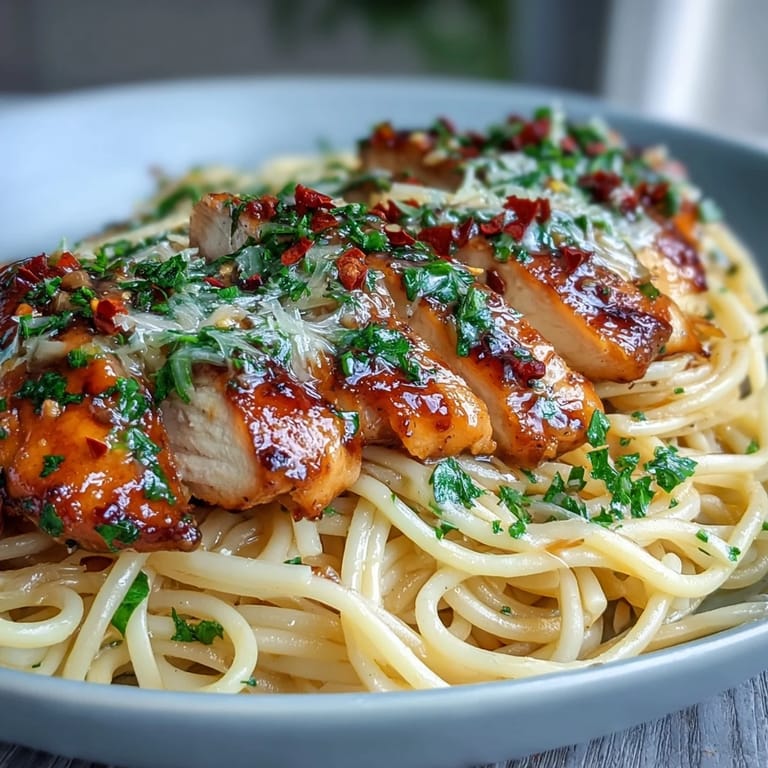 Mundartliche Sticky Honey Garlic Chicken Pasta serviert auf hellem Teller mit extra Rotweinfefferonha und heller Serviette.