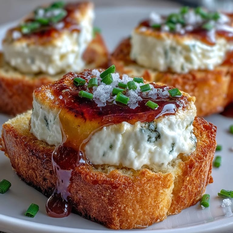 Goldene Hot Honey Goat Cheese Crostini mit würzig-süßem Honig und frischen Kräutern auf einer rustikalen Holzplatte serviert.