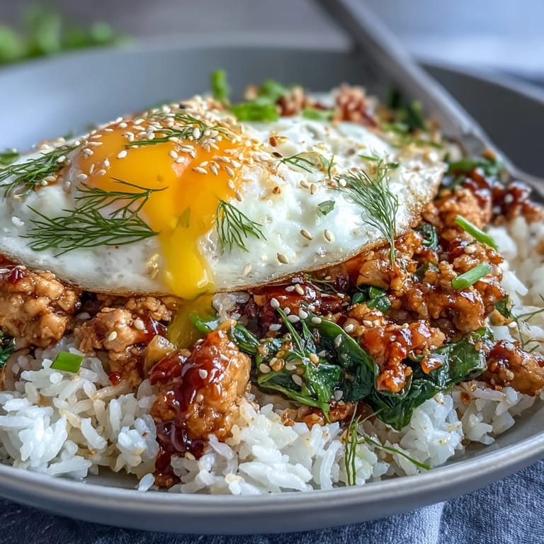 Cremige koreanische Truthahnrise Pfanne garniert mit gewürfeltem Kimchi und grünen Frühlingszwiebeln auf rustikalem Teller