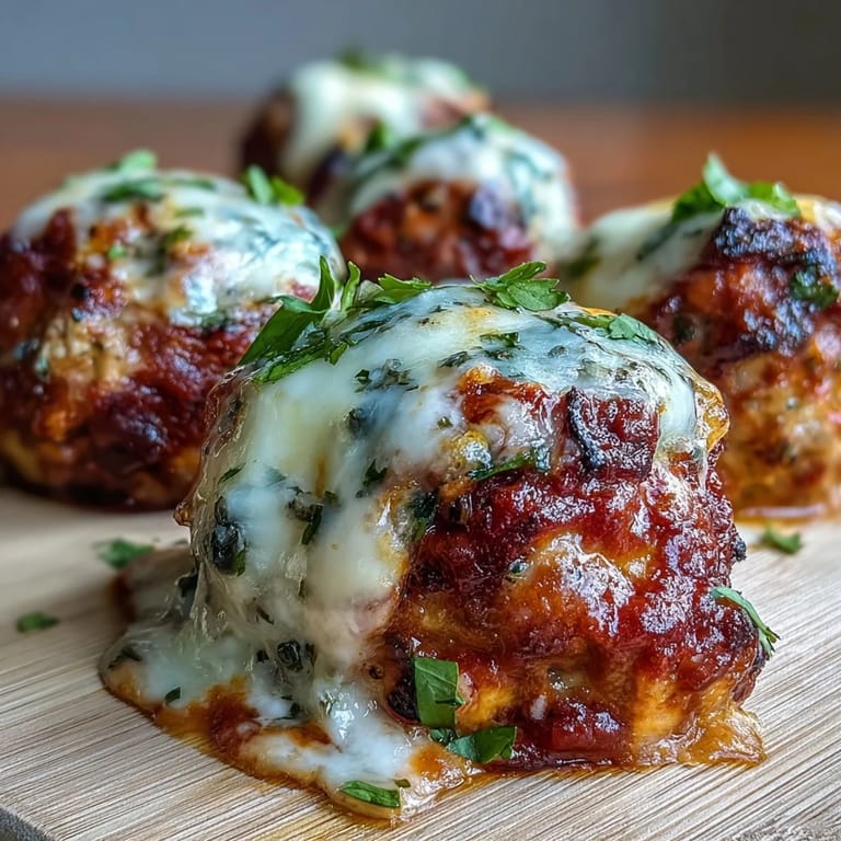 Hausgemachte scharfe Hühnchen-Bällchen im Ofen gebacken, übergossen mit Marinara und Käse für ein saftiges Comfort-Essen.