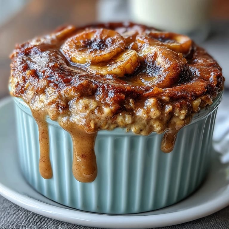 Genieße warme Cinnamon Swirl Protein Banana Baked Oats mit Bananenstücken und einem nussigen Topping.