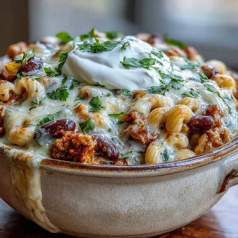Ein Ofen_topf voller Baked Ranch Turkey Chili Mac mit cremigem Schmelzkäse und saurer Sahne