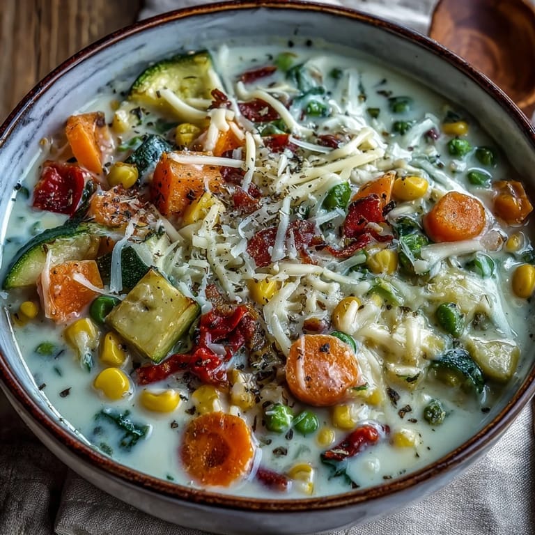 Eine Schüssel cremige Knoblauch Parmesan Gemüsesuppe mit knusprigem Brot serviert.