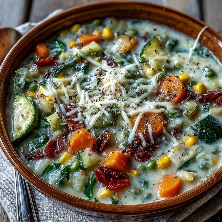 Herzhafte cremige Knoblauch Parmesan Gemüsesuppe garniert mit frisch geriebenem Parmesan.