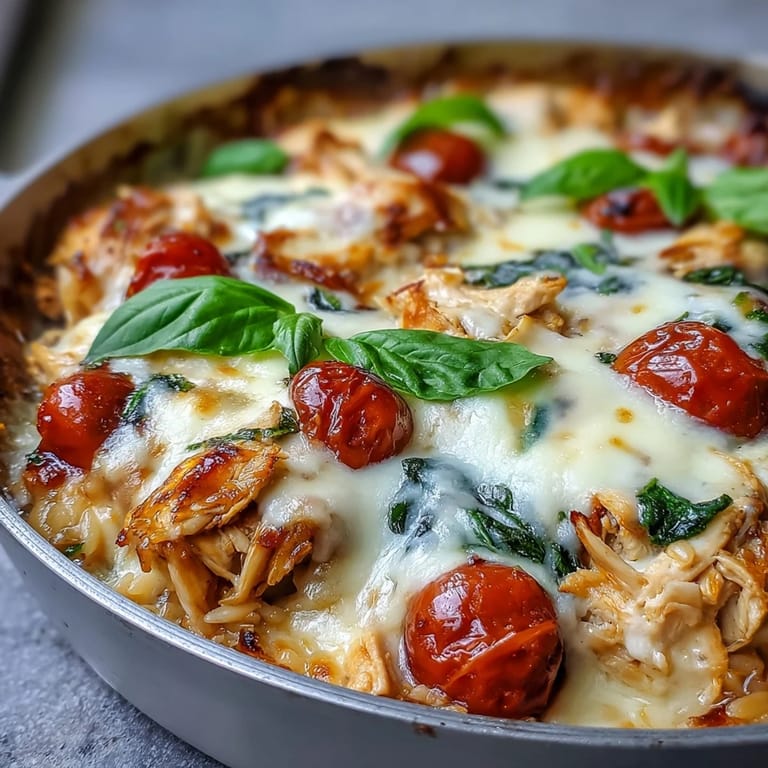 Tender chicken, cherry tomatoes, and spinach in creamy One-Pan Creamy Chicken Lasagna Orzo, served piping hot.