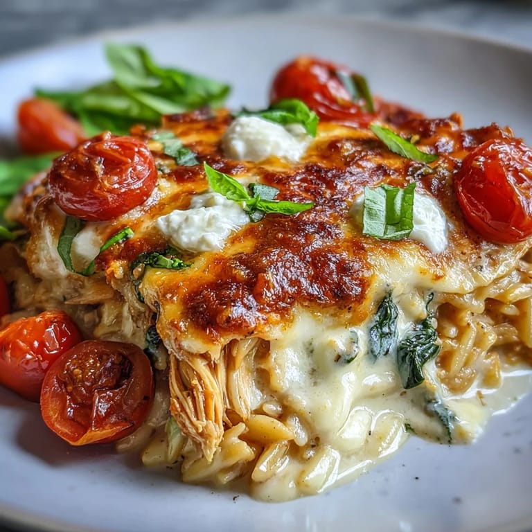 Close-up of One-Pan Creamy Chicken Lasagna Orzo, cheesy pull, vibrant tomatoes, and a rustic wooden spoon.