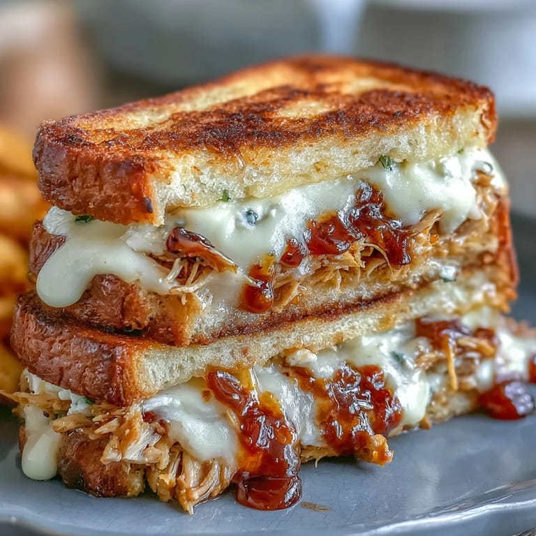 Makellose Goat Cheese & Hot Honey Chicken Grilled Cheese mit zähflüssigem Käse und Hähnchen