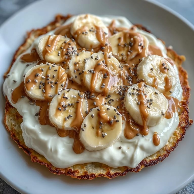 Ein gesunder High-Protein Breakfast Pizza Bowl mit knusprigem Bananen-Pfannkuchen und zartem Erdnussbutter-Guss auf griechischem Joghurt