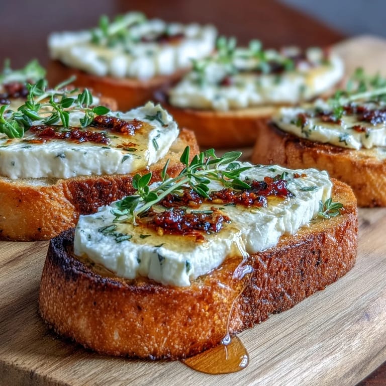 Knusprige Baguette-Scheiben mit cremiger Ziegenkäse-Füllung und scharfem Honig-Topping