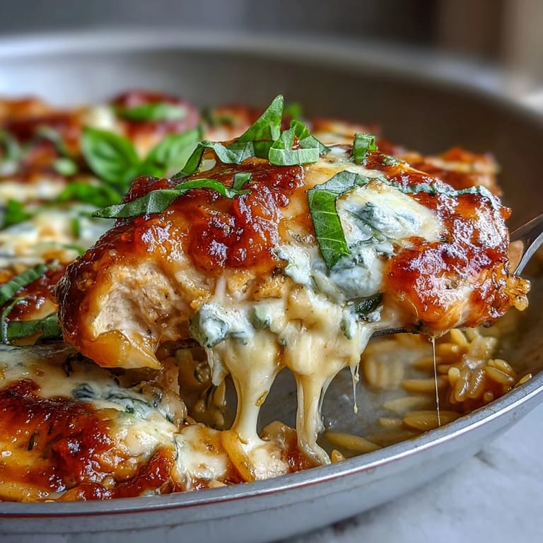 Herzhafte Tomatensauce und zarte Hähnchenstücke in One-Pan Creamy Chicken Lasagna Orzo, köstlich aus der Pfanne gezupft