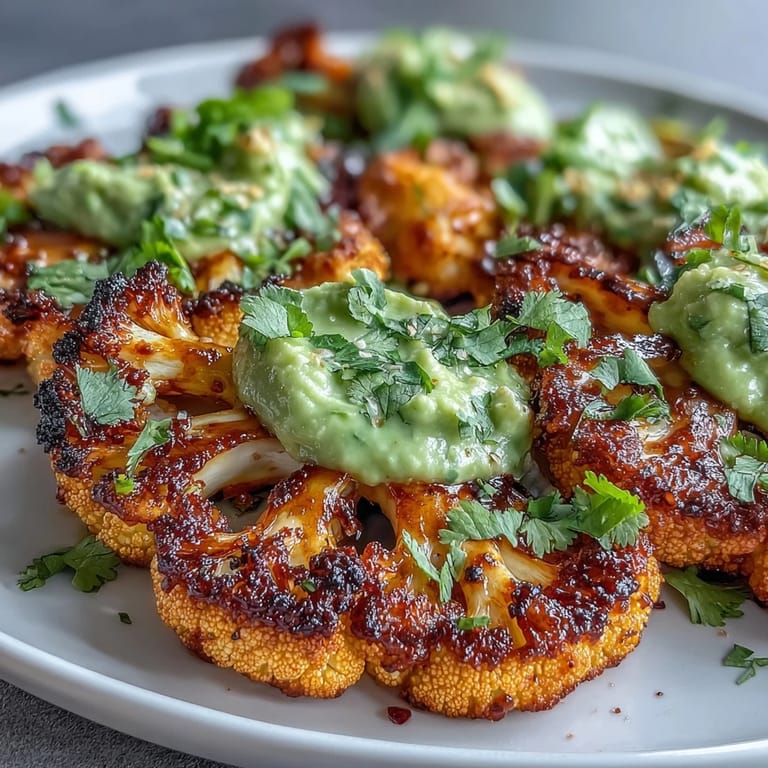 Scharfe Keto Chili Limette Blumenkohlsteaks würzig serviert mit grüner Avocado Crema.