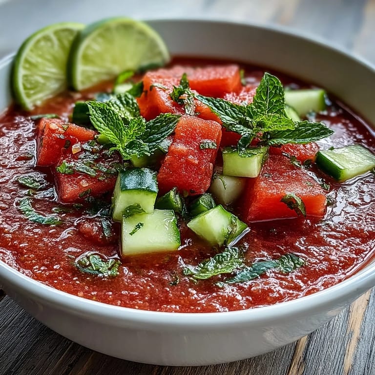 Gekühlter Vegan Watermelon Mint Gazpacho mit Gurke und Limone, serviert mit Olivenöl und frischer Minze.
