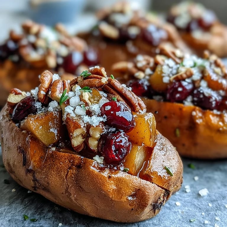 Festlich belegte Cranberry Apple Twice Baked Sweet Potatoes mit karamellisierten Äpfeln und gehackten Mandeln garniert.
