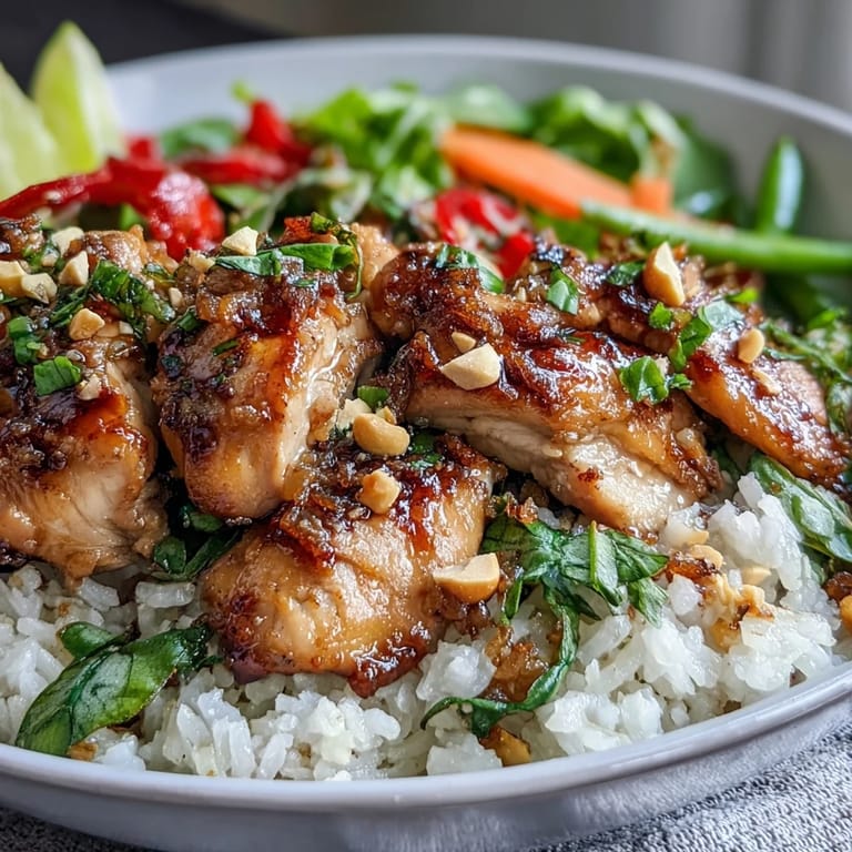 Dieses Thai Chicken Coconut Bowl zeigt goldbraunes Hähnchen mit frischem Koriander und Limetten auf Reis.
