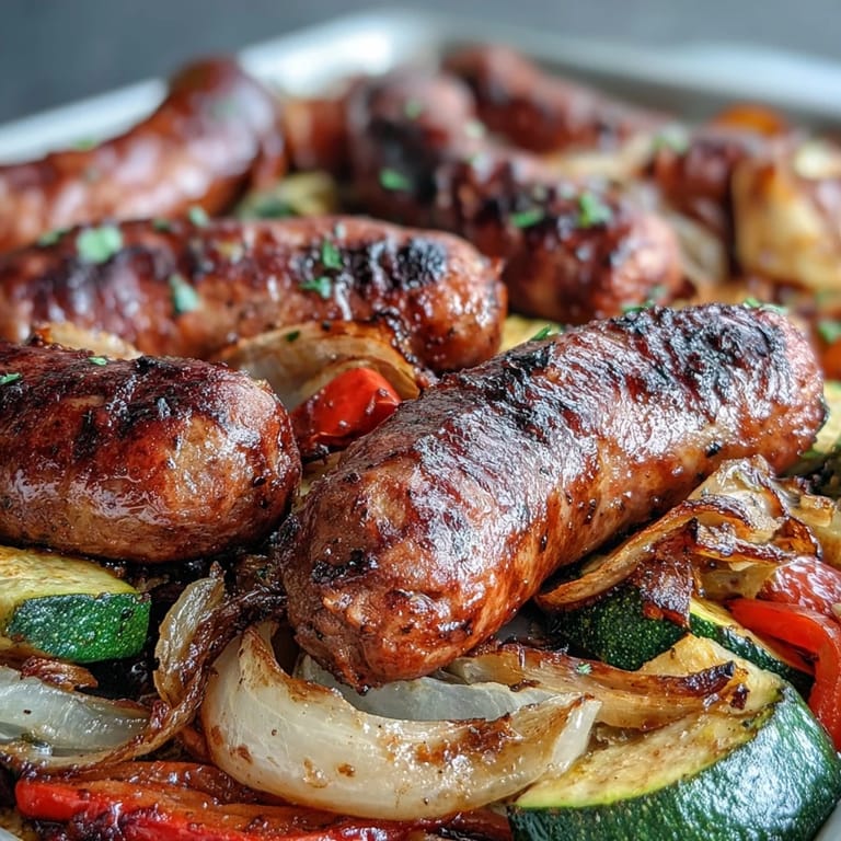 Saftige italienische Würstchen mit gerösteten Paprika und Zucchini auf einem Blech für ein einfaches, aromatisches Gericht.  