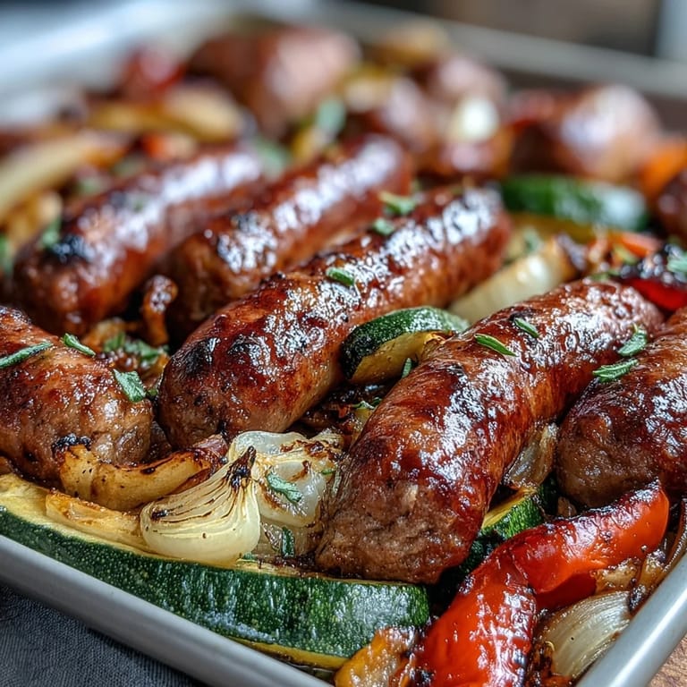 Gegrillte italienische Würstchen mit karamellisiertem Gemüse auf einem Blech, ideal für ein gesundes Familienessen.