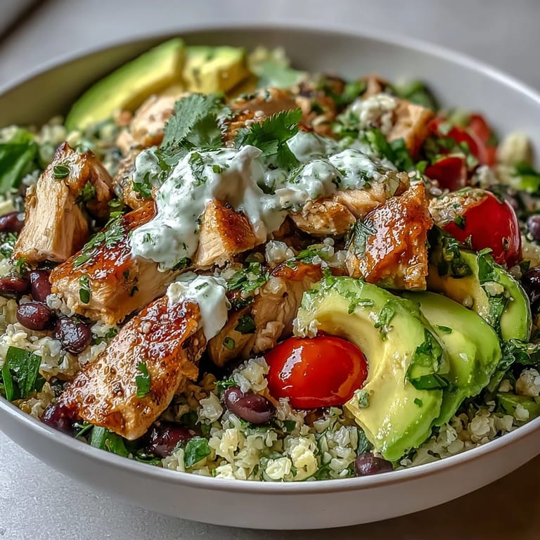 Gesunde 400-Kalorien-Burrito-Bowl mit Koriander-Limetten-Blumenkohfreis: Mit magerem Hähnchen, schwarzen Bohnen und cremiger Avocado garniert, ist diese Bowl ideal für Gewichtsverlust und Genuss.