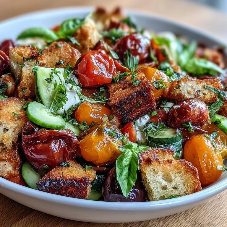 2. Sommerlicher Sauerteig-Panzanella-Salat mit saftigen Erbstomaten, knackiger Gurke und cremiger Burrata.  