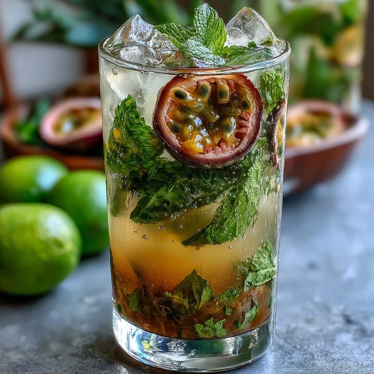 Tropischer Passionfruit Mojito mit sprudelndem Soda und Eis, garniert mit Minze und Limette.