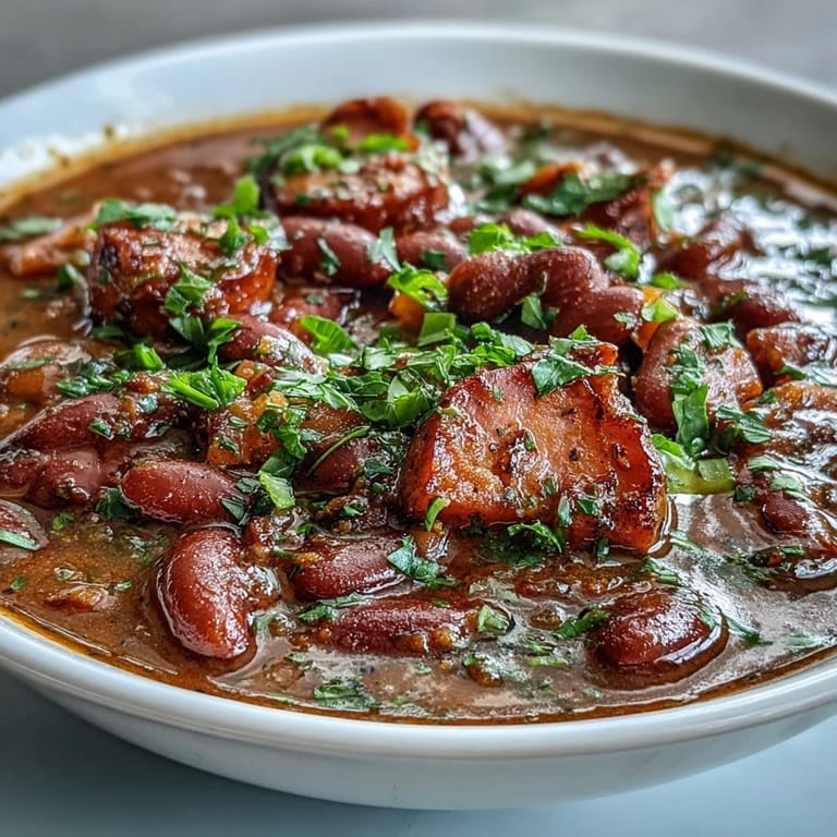 Klassische Cajun-Suppe mit zartem Schinken, weichen Bohnen und aromatischen Gewürzen.
