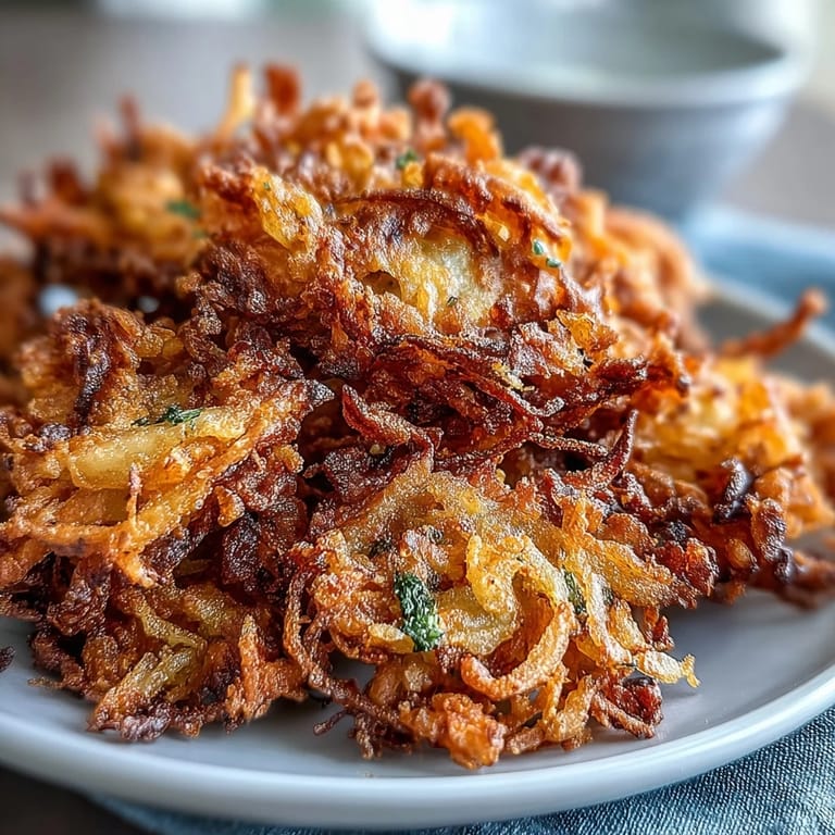 Goldbraune Airfryer-Zwiebel-Bhajis mit würziger Kichererbsenpanade, serviert mit Minz-Chutney für authentischen Geschmack.