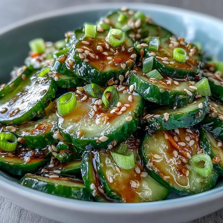 Bunter Salat aus dünn geschnittenen Gurken mit würzigem Sesam-Soja-Dressing – perfekt als leichtes Gericht.  