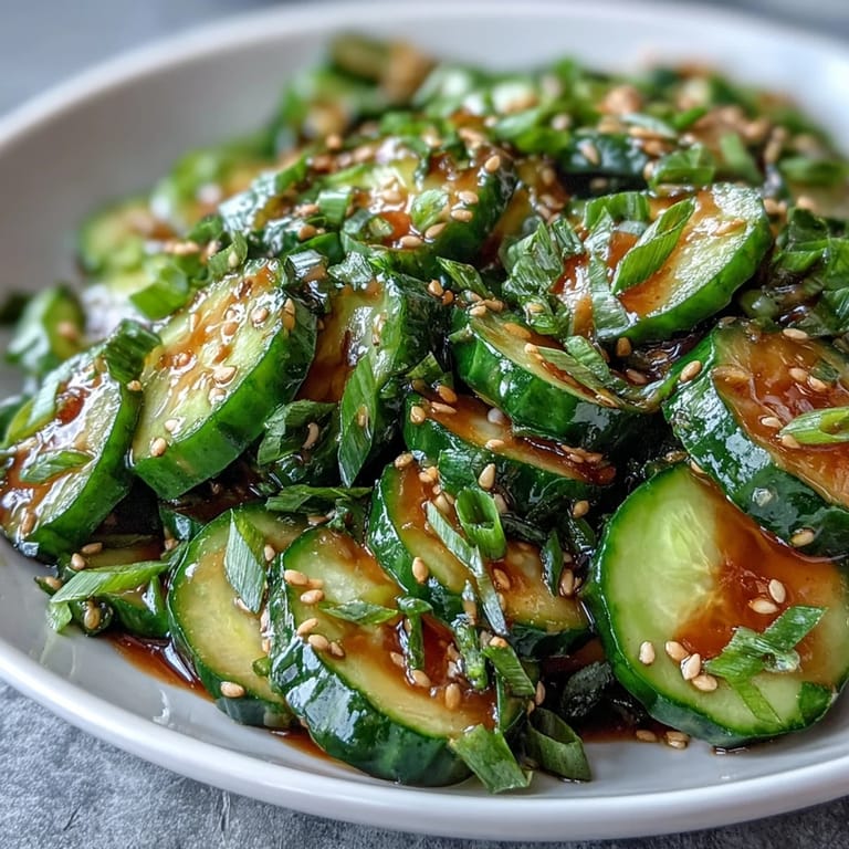 Knuspriger Gurkensalat mit Soja-Sesam-Dressing, garniert mit Frühlingszwiebeln und gerösteten Sesamsamen.