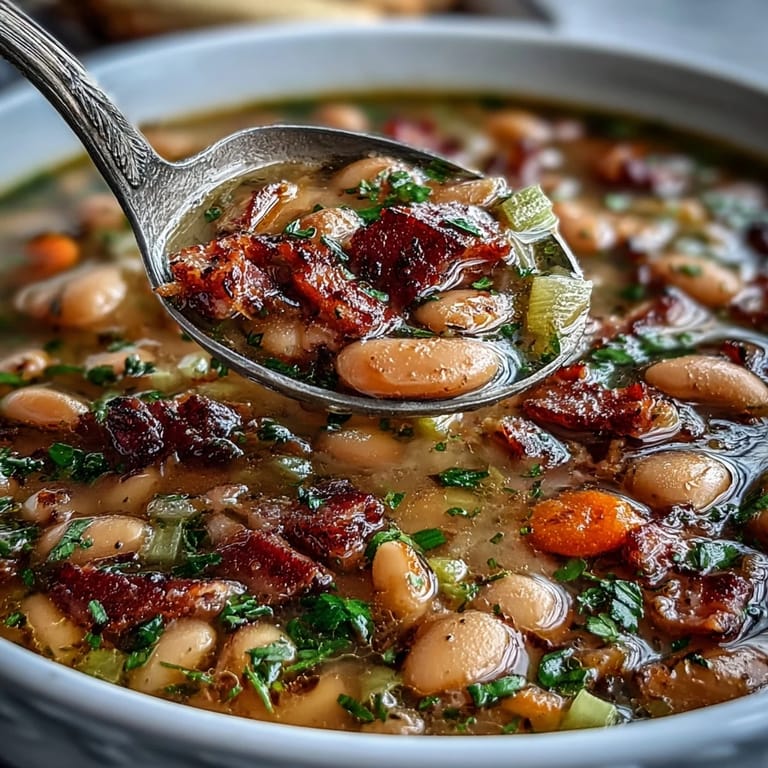 Nahaufnahme von zarten Bohnen und Schinkenstücken in einer reichhaltigen Brühe, gewürzt mit rauchigem Paprika.
