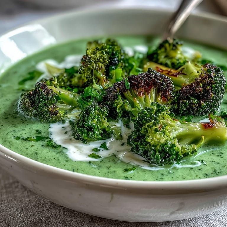 Wärmende Schüssel mit cremiger Brokkoli-Cheddar-Suppe, verfeinert mit griechischem Joghurt und garniert mit frischen Kräutern.