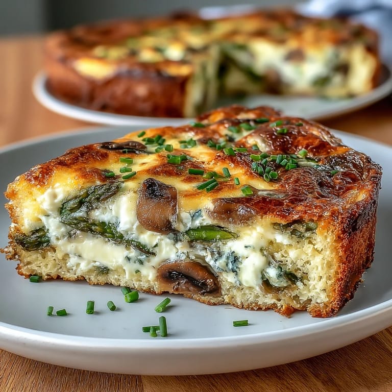 Frische Spargelstücke und erdige Pilze auf einer fluffigen Eimasse, gebacken auf einer knusprigen Sauerteigkruste.