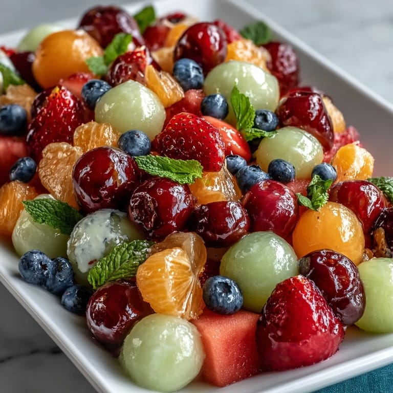 3. Bunter Teller mit Melonen, Erdbeeren und Blaubeeren, serviert mit Honig-Limetten-Dip.